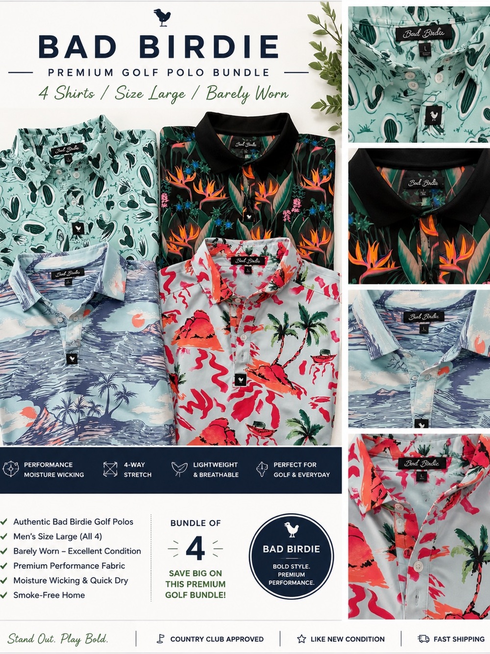 Bad Birdie Men’s Polo Bundle — Mint, Black, Light Blue, White